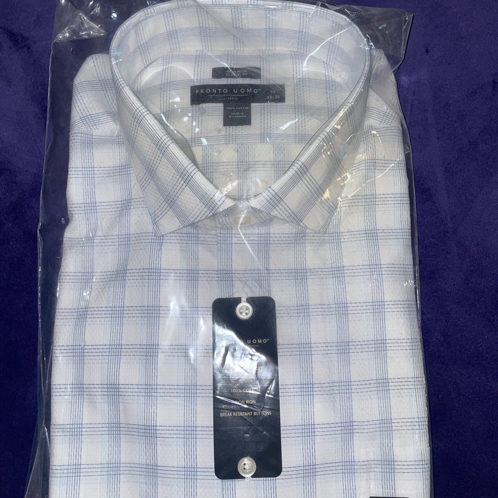 ✨NWT - Pronto Uomo White Dress Shirt with Light Blue Windowpane Check